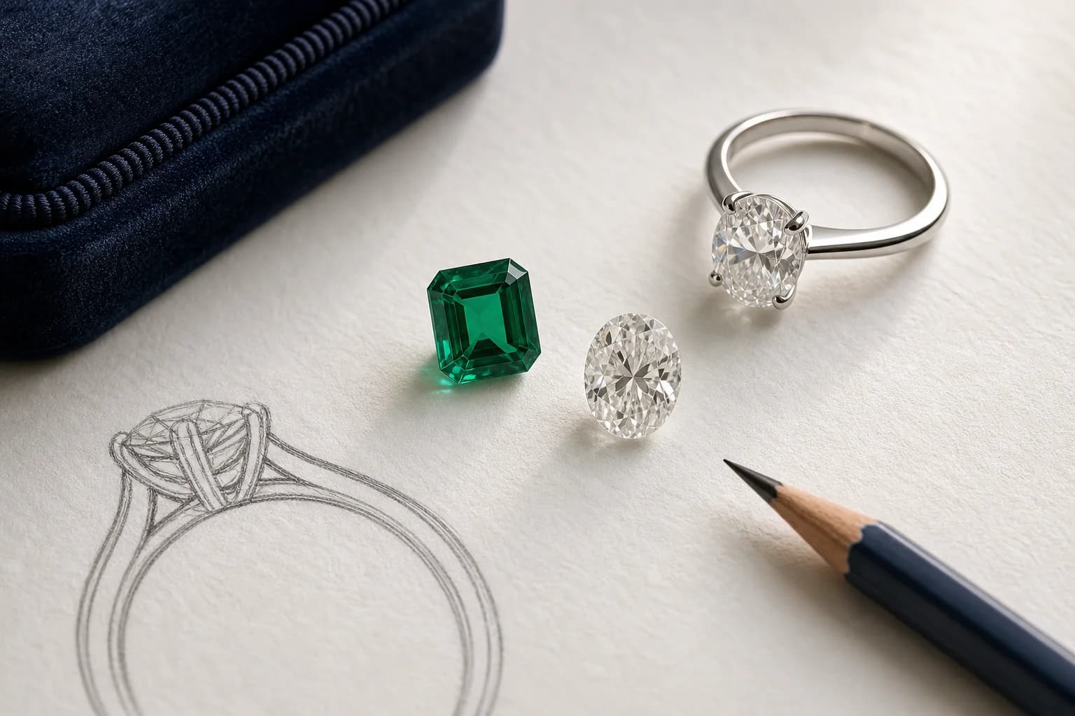 A green gemstone, diamond and white gold ring