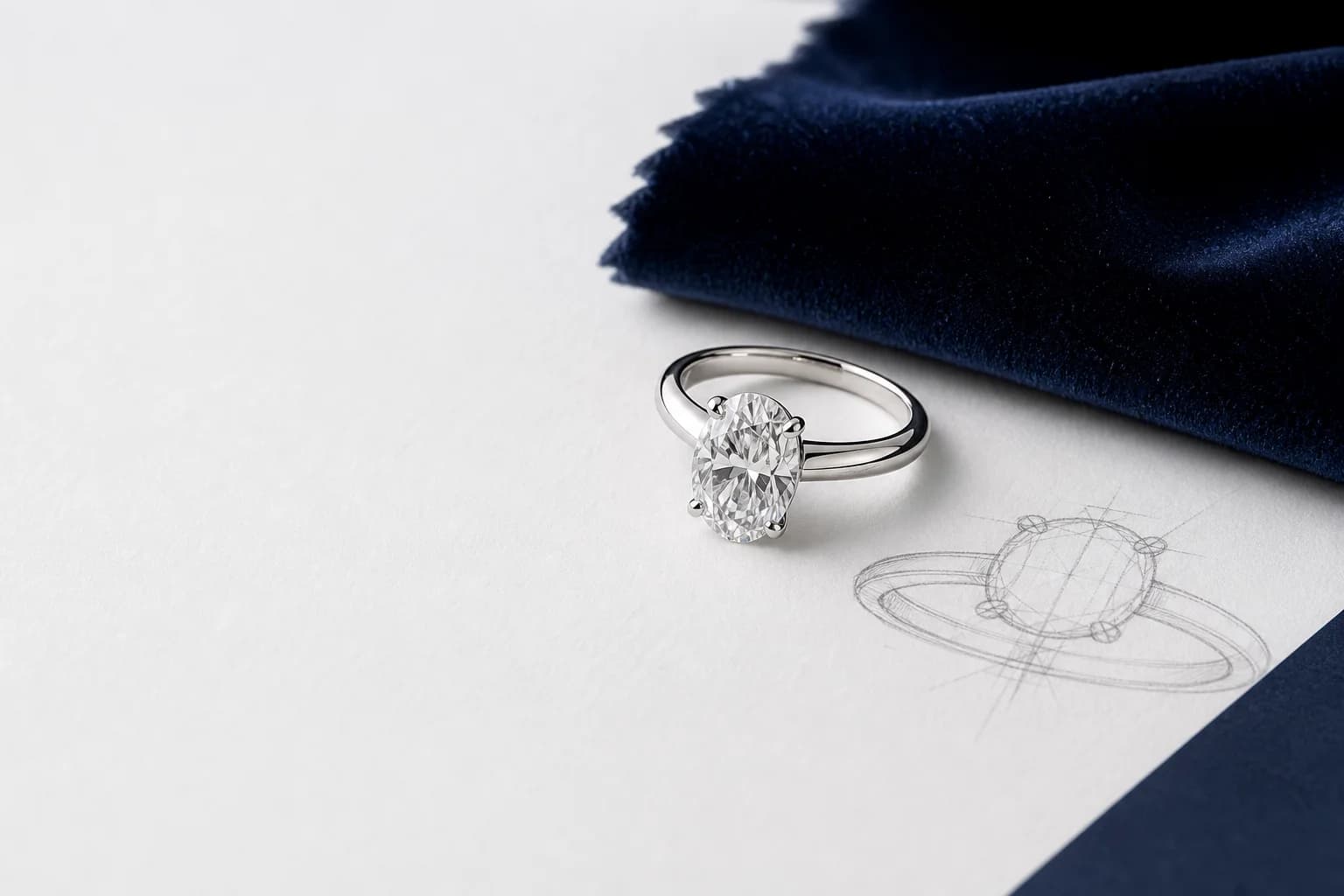 An oval solitaire ring with a pencil sketch and navy velvet